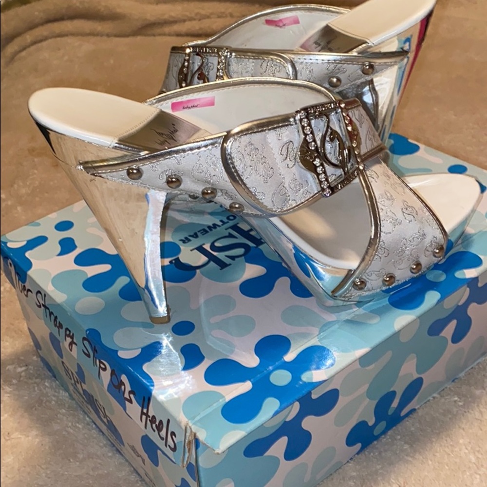 Silver and white baby phat slip on heels